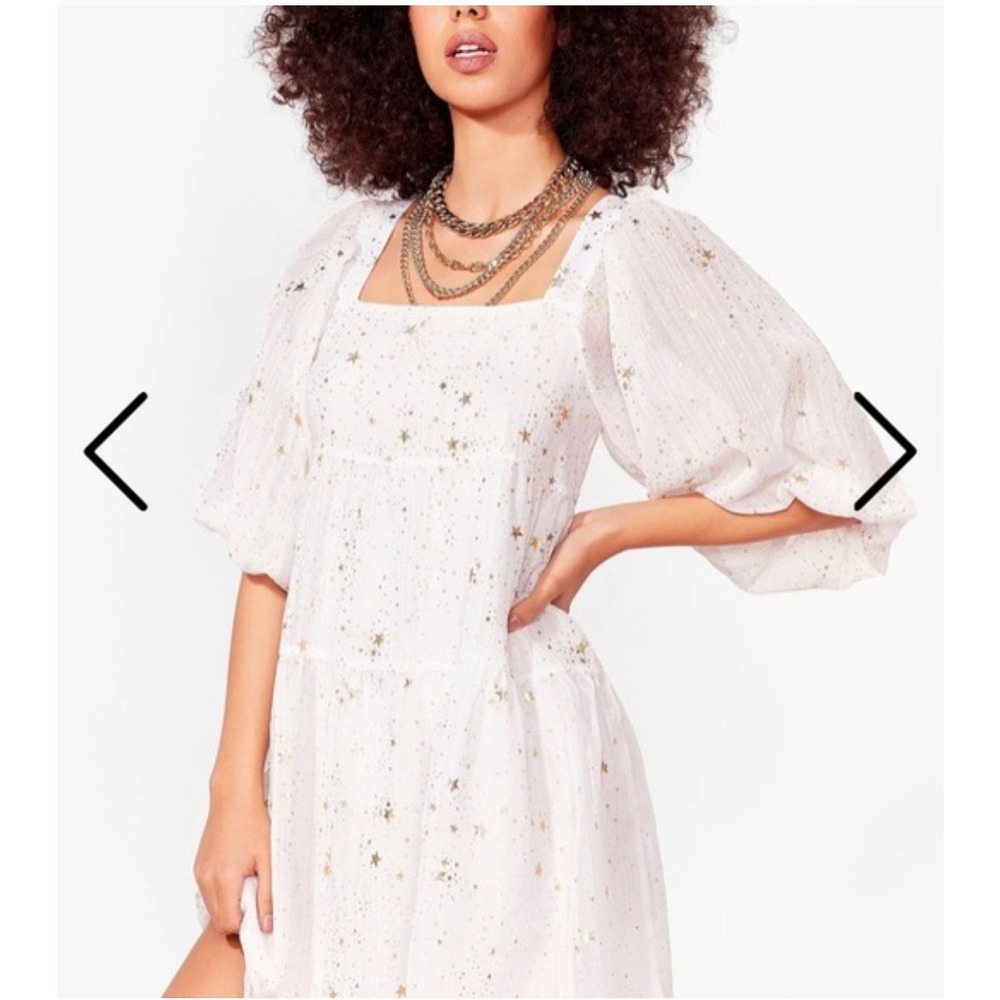 Nasty Gal White Star Print Tiered Square Neck Mini Dress Puff Sleeve Size 8